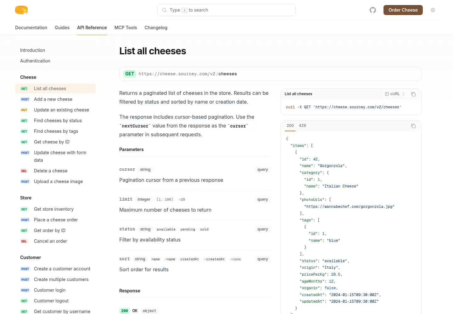 Cheesestore's API docs at sourcey.com/cheesestore, rendered from a single OpenAPI spec through Sourcey