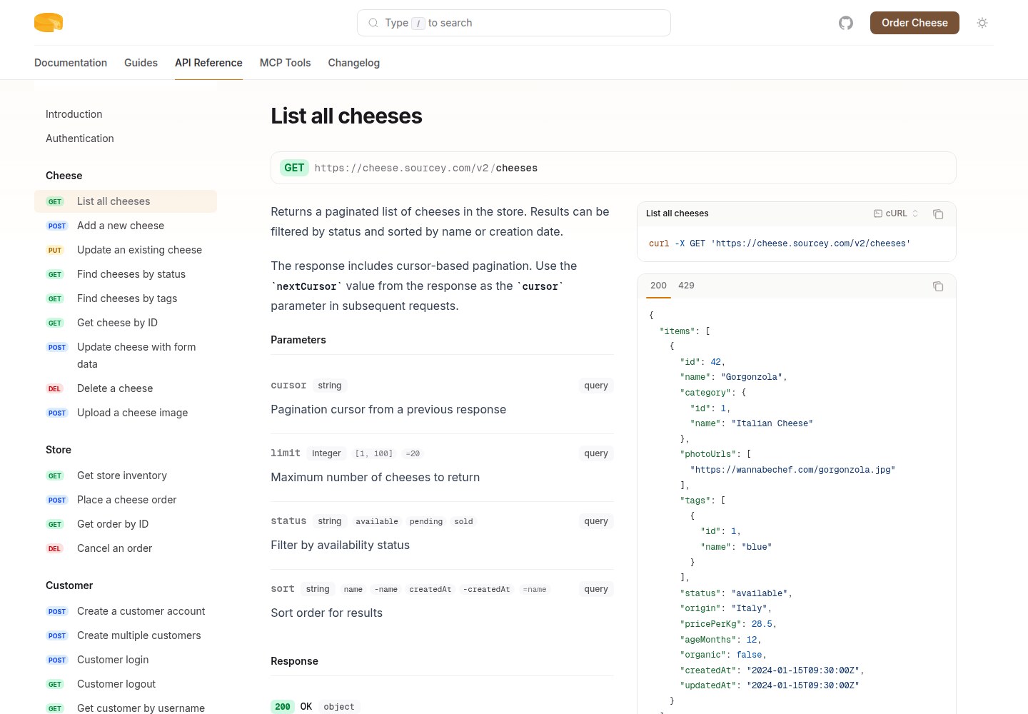 Sourcey demo — Cheese Store API documentation