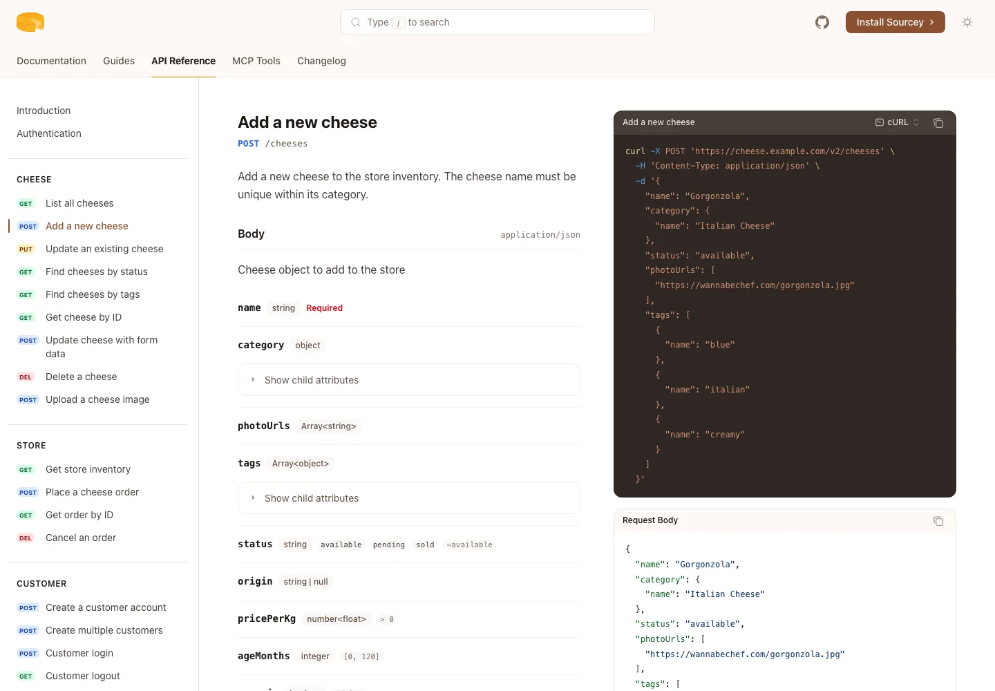 Cheesestore's generated API reference with its operation schema and request examples side by side