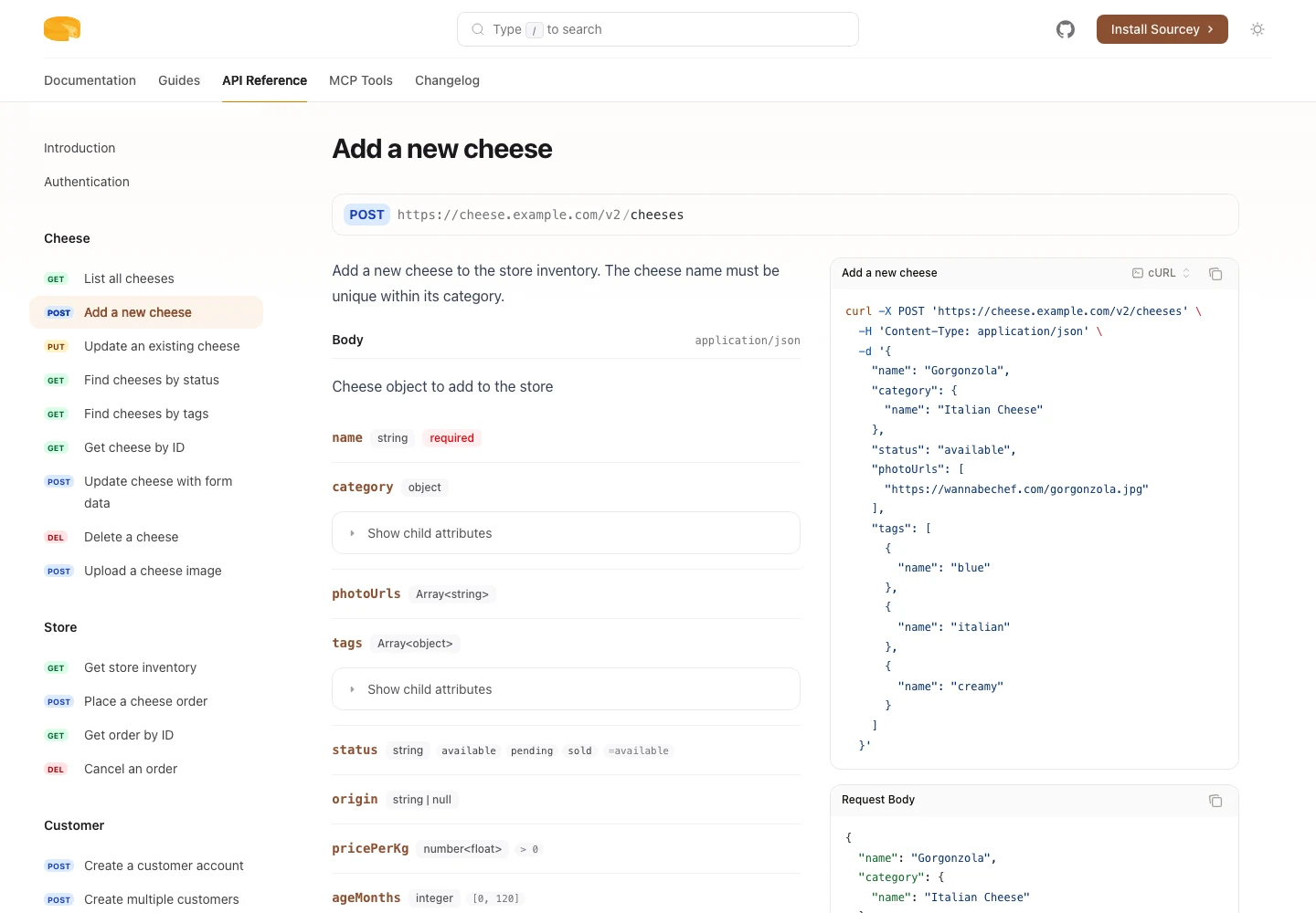 Cheesestore API operation with typed request fields and generated code examples