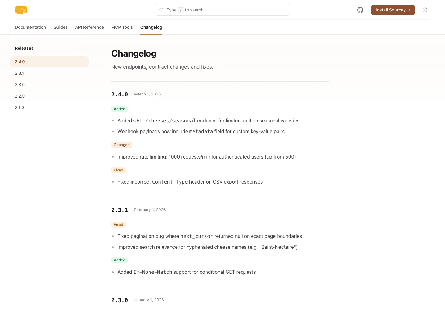 Cheesestore's changelog with release dates, additions and fixes