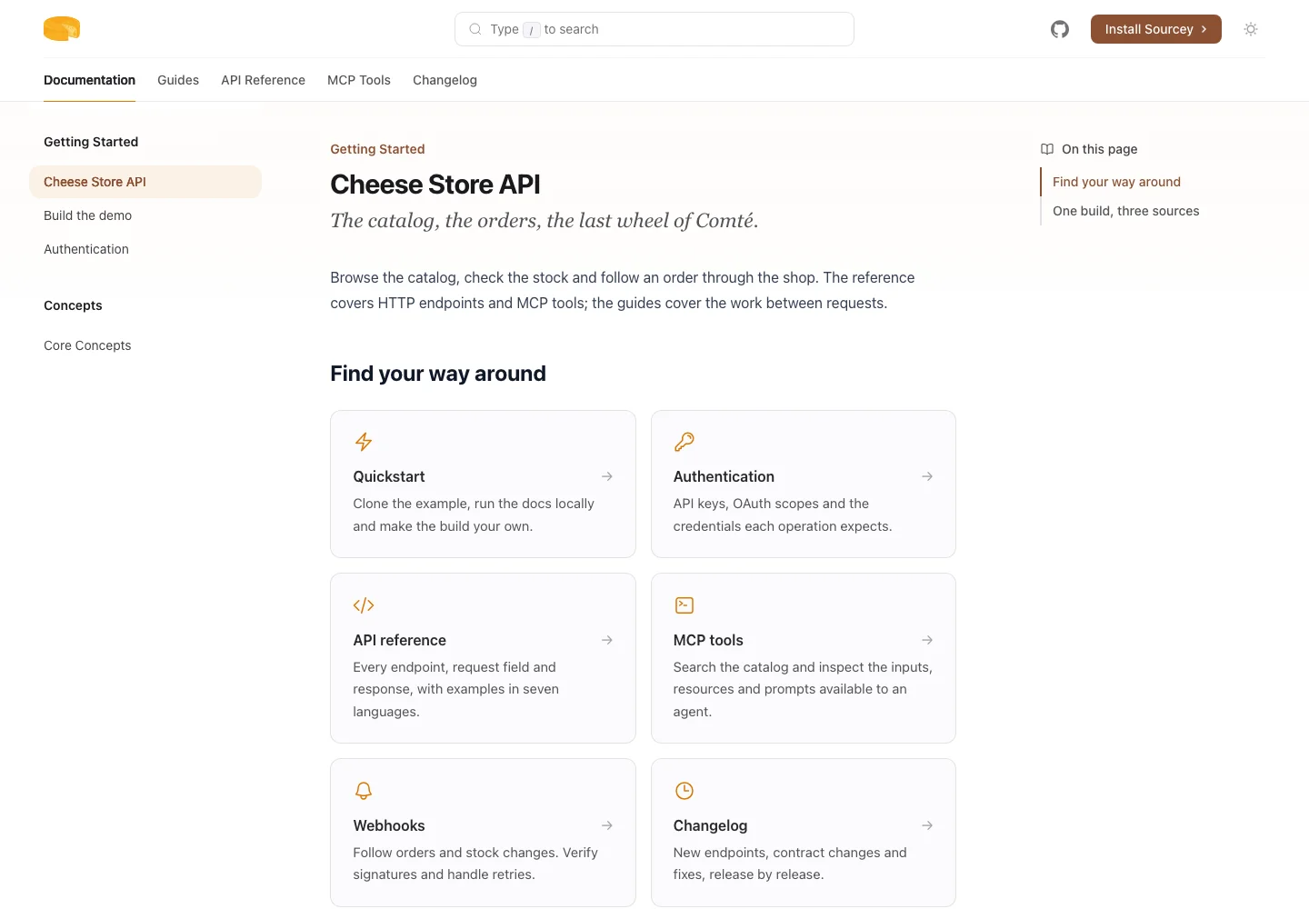 Cheesestore's documentation home, with the complete navigation and links to guides, reference and releases