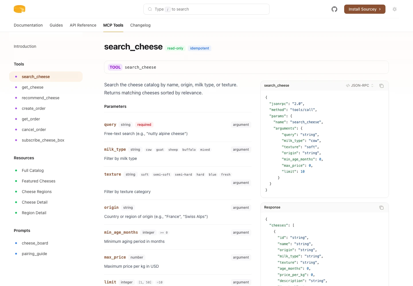 Cheesestore MCP search tool with typed inputs and a JSON-RPC invocation example
