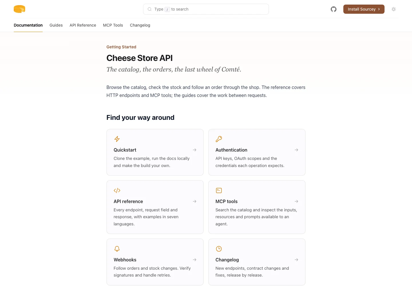 Cheesestore's documentation home in the Minimal theme, with reference cards in a single reading column