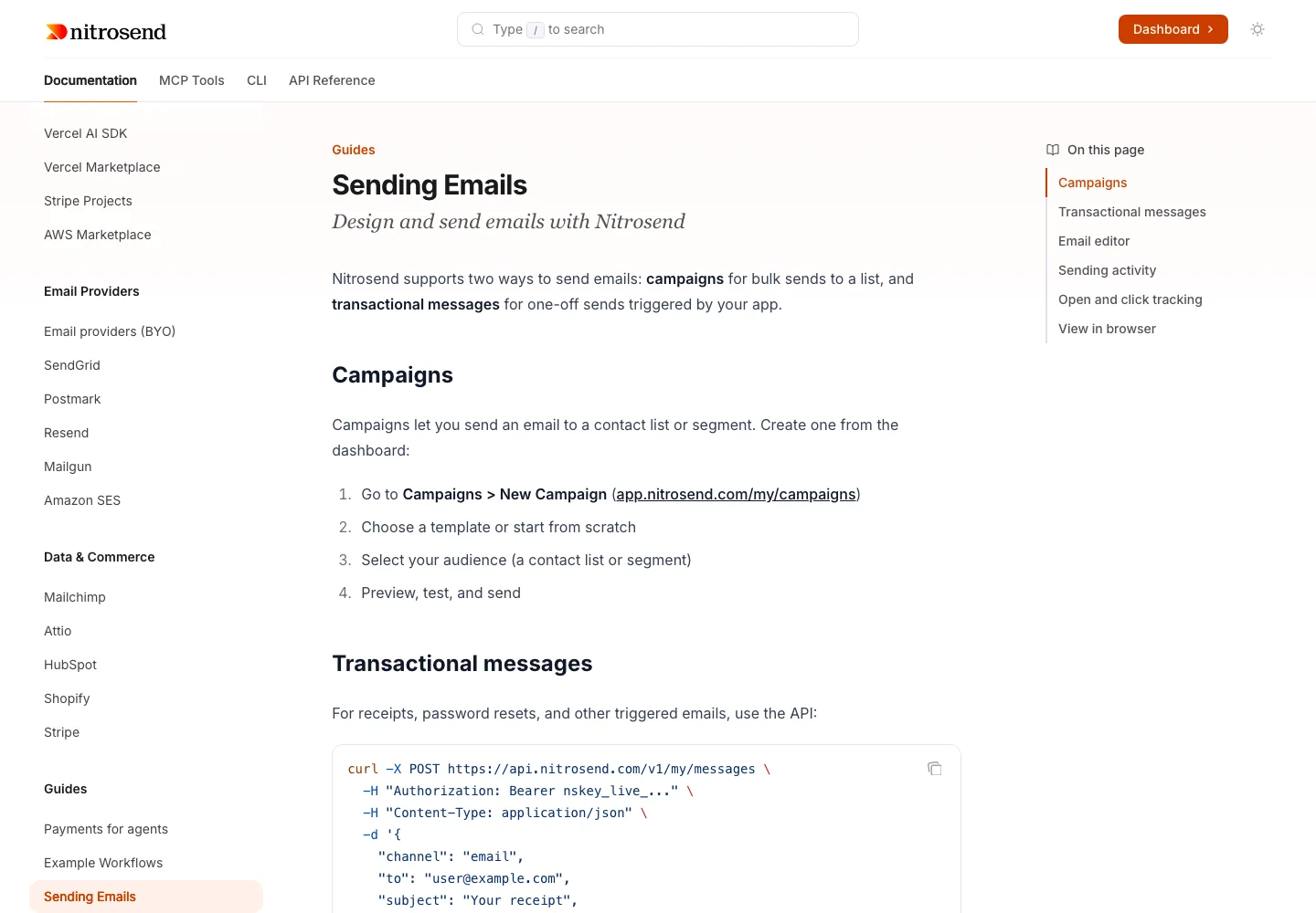 Nitrosend’s sending guide, with campaign instructions and a transactional API example