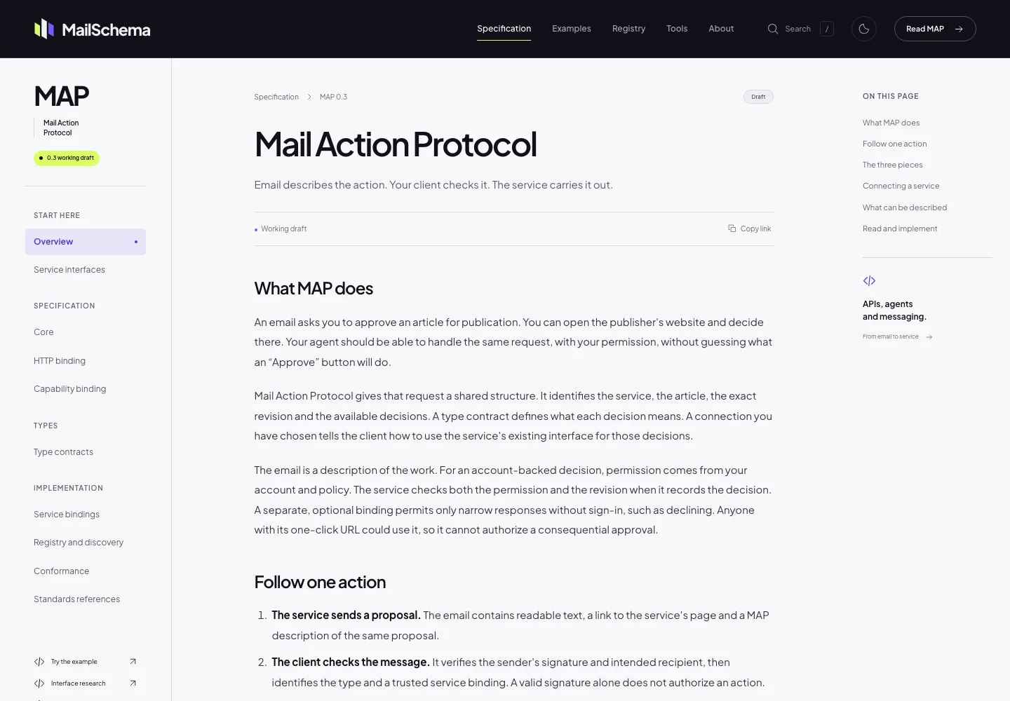 MailSchema's specification in Sourcey's Reader theme, with its dark masthead and chapter navigation