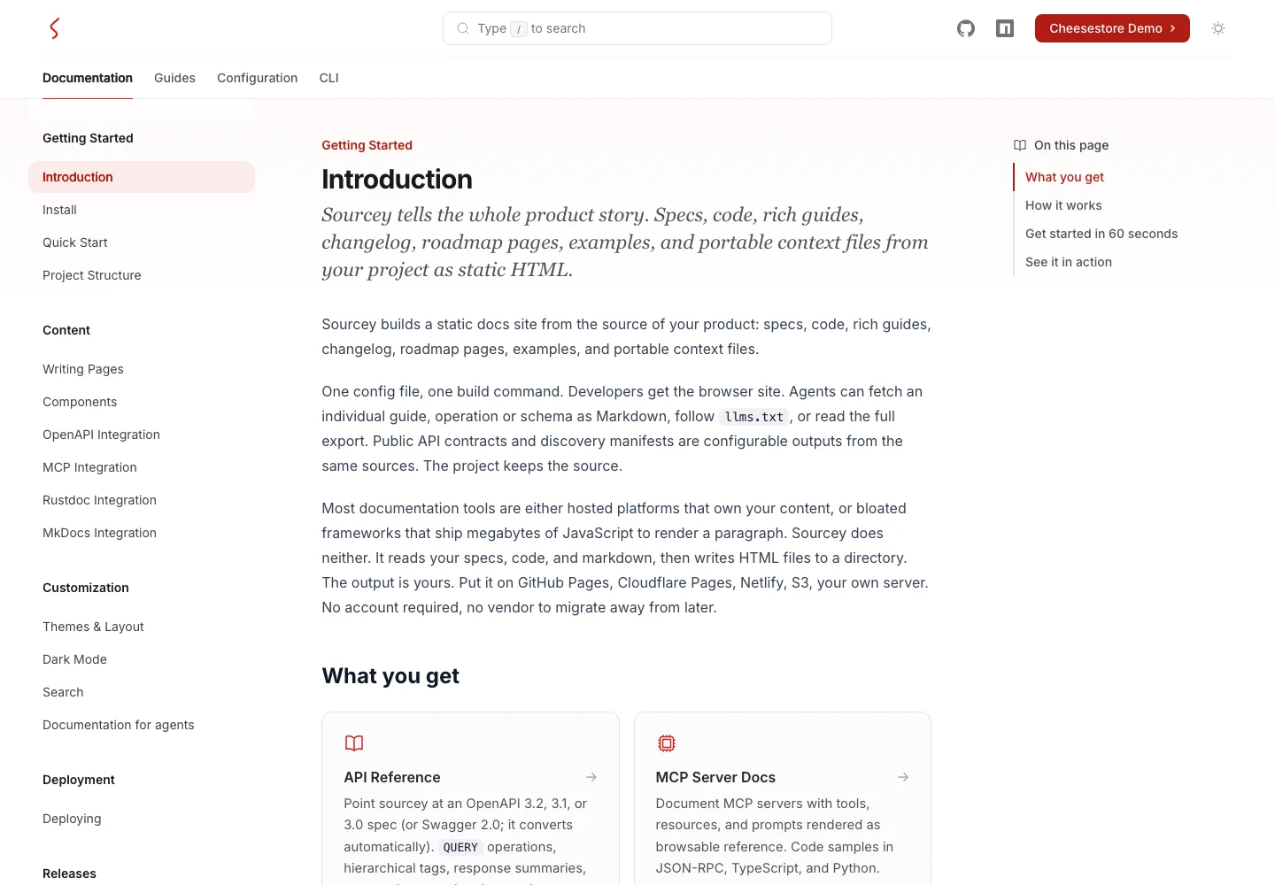 Sourcey's documentation with its full navigation, reference cards and page outline