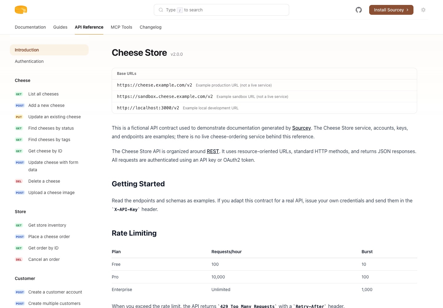Cheesestore’s API reference