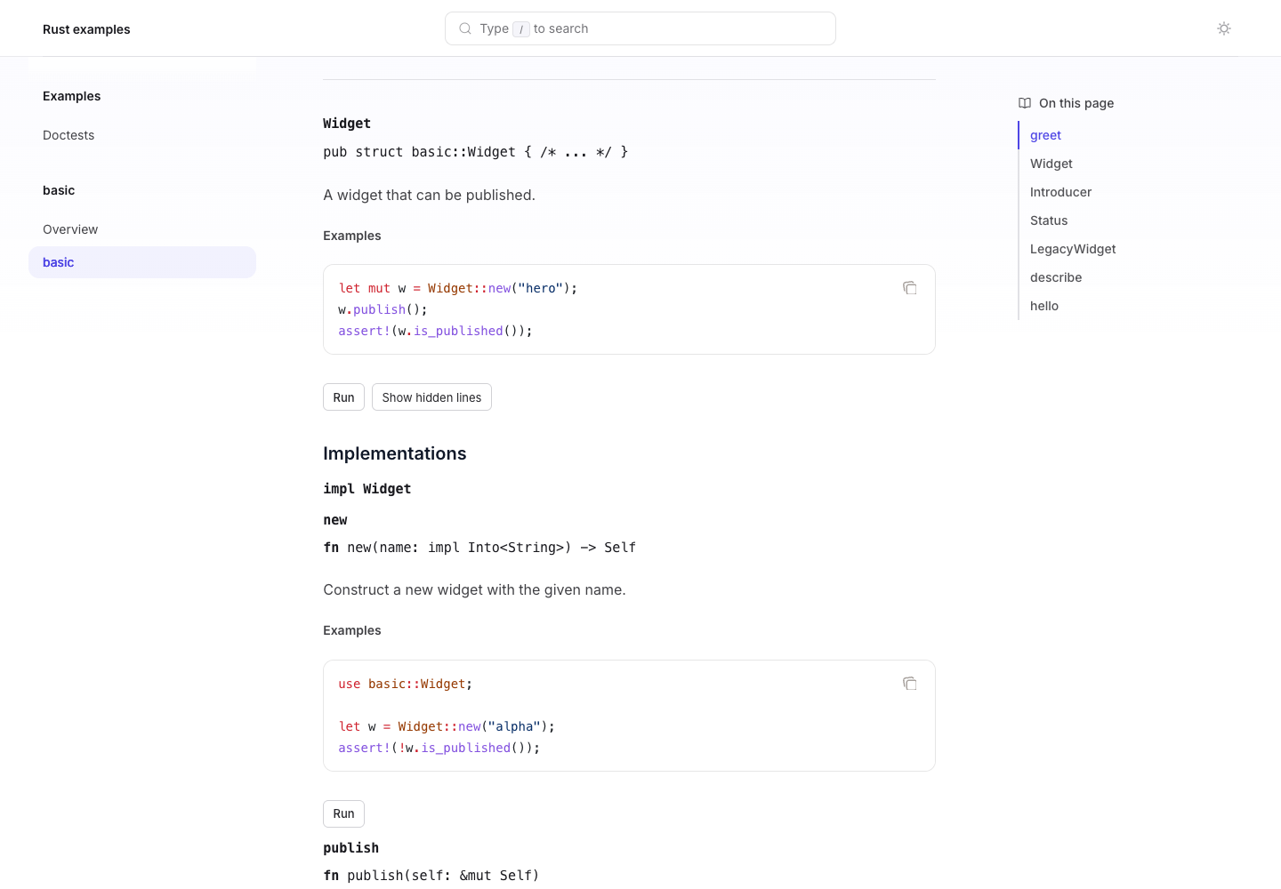 Rust reference generated by Sourcey, with the Widget example and its hidden-line control