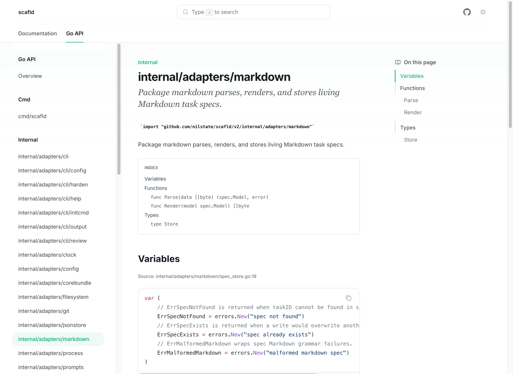 Scafld's Go API docs at 0state.com/scafld/docs/go-api, generated from native Go package comments through Sourcey
